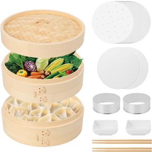 Bamboo Steamer Basket, 8 Inch, 2 Tier with Lid, Dumpling Steamer with Paper & Silicone Liners, Cutter, Sauce Dish, Chopsticks, for Asian Food