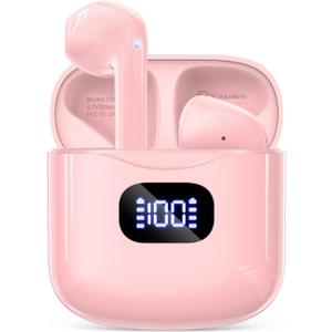 Wireless Earbuds Bluetooth 5.3 Headphones, 40Hrs Playback Stereo Ear Buds with LED Display Charging Case IPX7 Waterproof in-Ear Earphones with Mic for Phone Tablet Laptop Sports, Pink