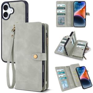 TwoHead Wallet Case Compatible with iPhone 17,Detachable,Magnetic,11 Cards Holder,PU Leather All-Round Protective Phone Case with Change Pocket(6.3 in,Gray)