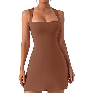 QINSEN Women's Square Neck Bodice Dress Sleeveless Tank Top Stretch Flare Mini Dresses, Medium, Carob Brown