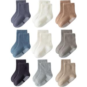 Toddler Grip Socks Non Slip Crew Socks Cute Seamless Cotton Socks for Baby Boys Girls Infants Kids 9 Pairs 2-3Y