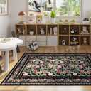 5x7 Washable Rug Vintage Floral Area Rug Non Slip Low Pile Large Rugs for Living Room, Bedroom, Farmhouse, Dining Room, Kids Playroom, Black