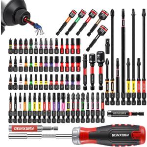 Geinxurn Impact Screwdriver Bits Set, Magnetic S2 Steel Phillips/Square/Torx/Hex 82Pieces Insert Power Bits Tips with Impact Bit Holder and Impact Nut Driver and Rachet Screwdriver Handle