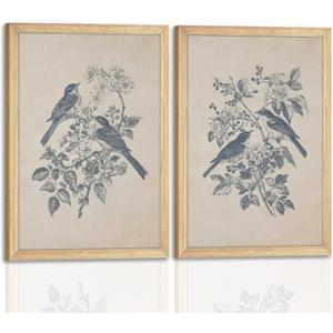 Set of 2 Bird Canvas Wall Art Posters 16x24 Inch  Nature Inspired Botanical Prints with Light Wood Frame  Birds and Flowers Conversation Artwork for Living Room, Bedroom, Farmhouse Wall Decor