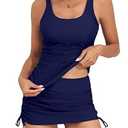 B2prity Tankini Swimsuit for Women Slimming Tummy Control Two Piece Bathing Suit Drawstring Swimwear Tank Top with Skirt Purplish Blue Large