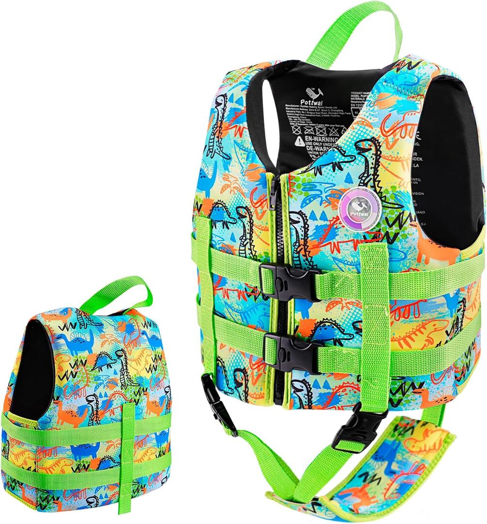 Pottwal Swim Vest for Kids - Swim Jacket - Made of Neoprene & EPE - with Adjustable Crotch Strap (Small, Green Dinosaurs)