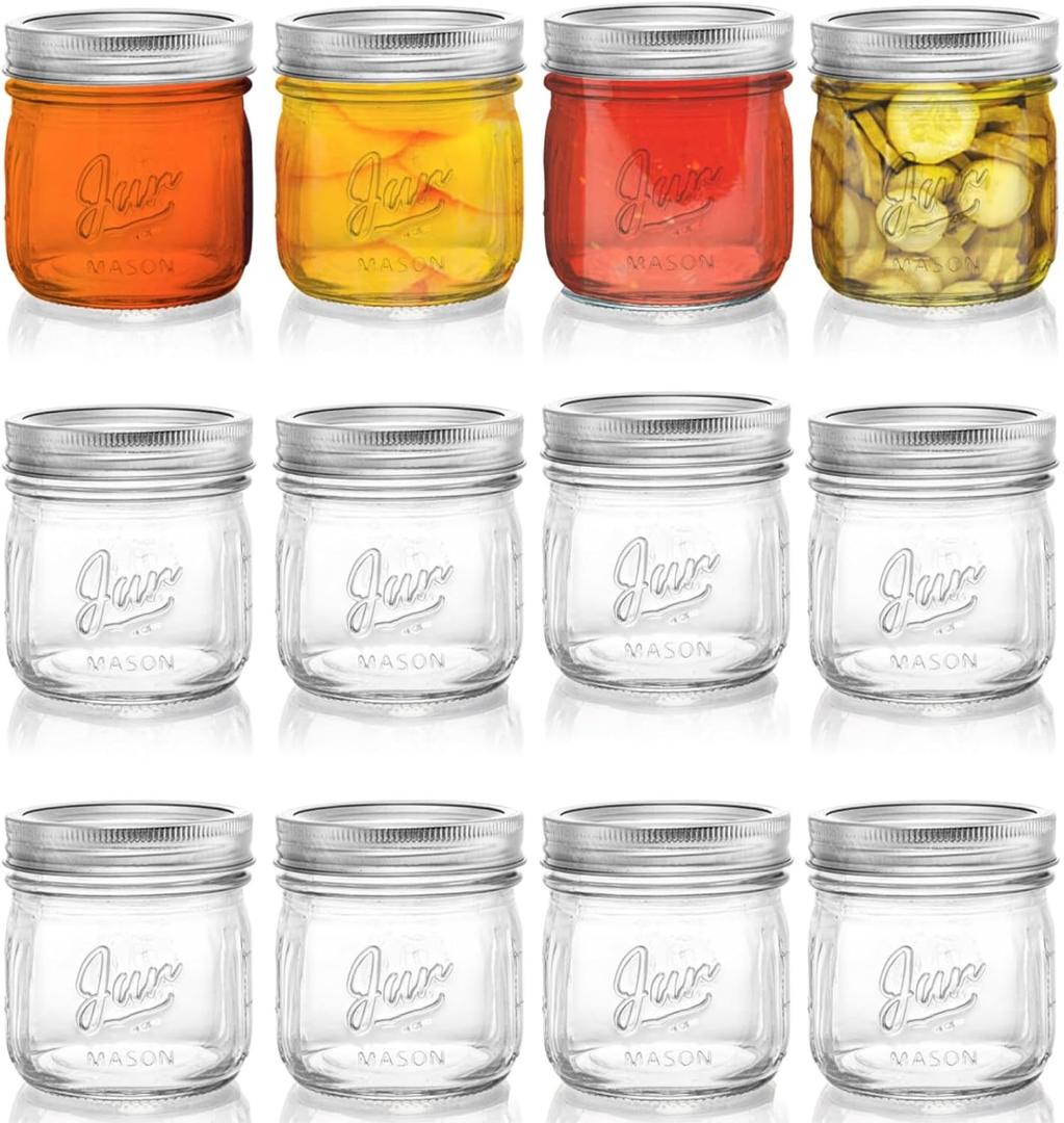 Lyellfe 12 Pack Wide Mouth Mason Jars, 16 Oz Short Glass Canning Jar with Airtight Lids, Food Safe Jam Spice Jar for Honey, Jelly, Wedding Favors, DIY Project, Dishwasher Safe