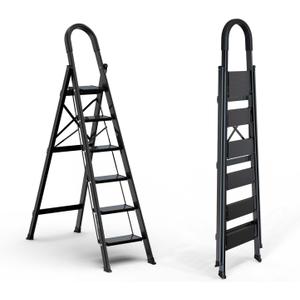 Lightweight Aluminum 6 Step Ladder Folding Step Stool Stepladders with Anti-Slip and Wide Pedal for Home and Kitchen Use Space Saving (Black)