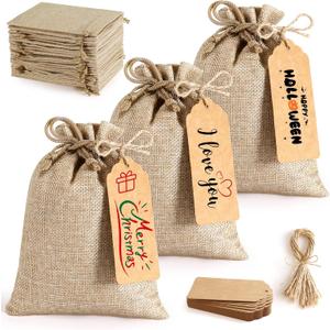 25Set Reusable Burlap Gift Bags with Drawstring, 5x7" Small Party Favor Gift Bags + Bonus Gift Tags & String, Brown Linen Sacks Bag for Wedding Party Favor, Coffee, DIY Craft Sachet Bulk Bags