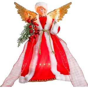 Angel Christmas Tree Topper with Lights, 12 Inch Lighted Angel Xmas Tree Toppers Decoration, Luxury Red Fabric Angel Figurine Ornament for Christmas Tree Holiday Party Indoor Decor