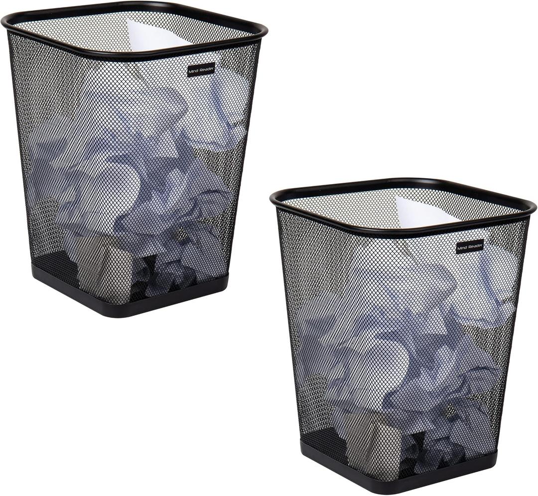 Mind Reader Mesh Trash Can, Waste Paper Basket, Square, Office, Metal Mesh, 9.75"L x 9.75"W x 12.25"H, Set of 2, Black