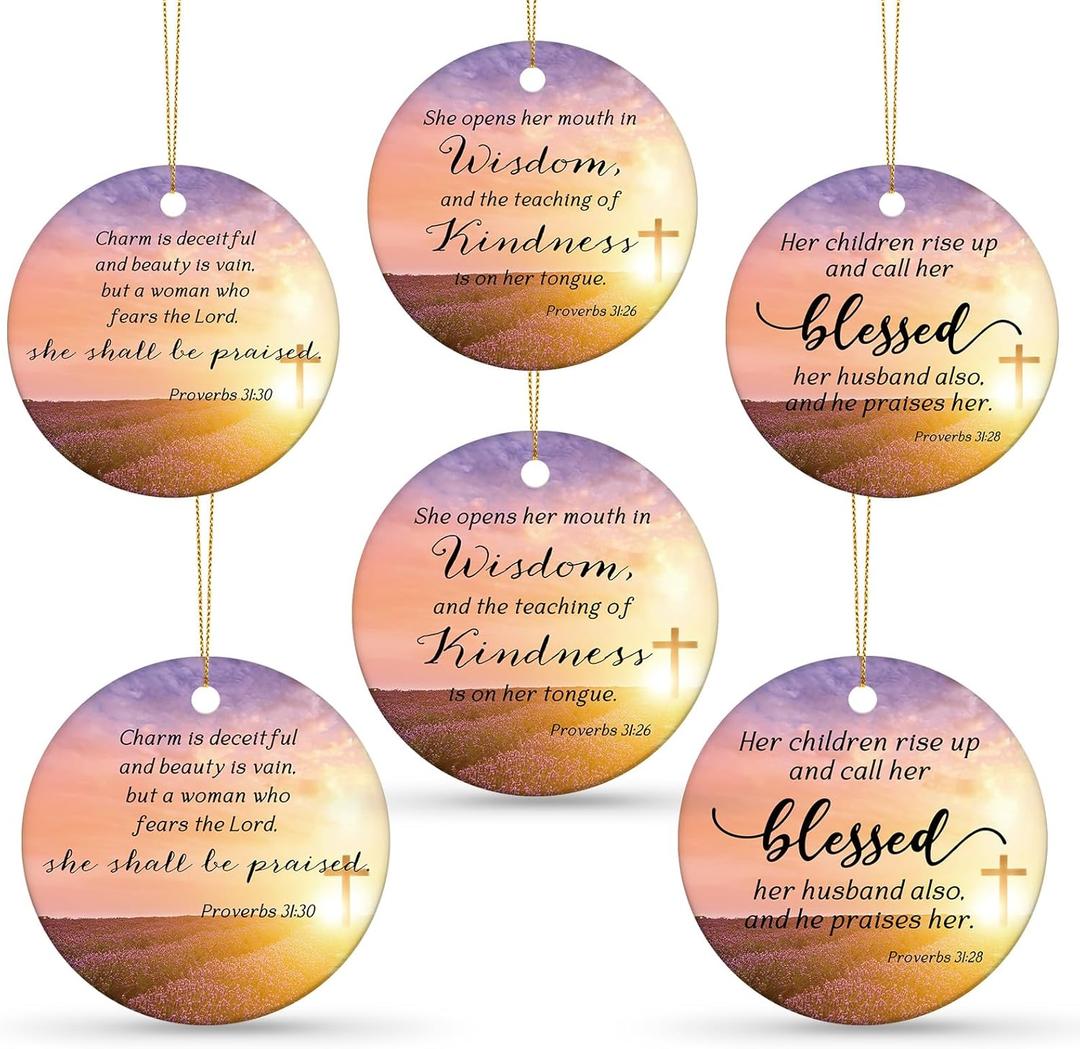 Syhood 6 Pcs Religious Christmas Ornaments Bulk Ceramic Pink Inspirational Christian Hanging Ornament Double Sided Printed Church Gifts Mother Gifts for Women Church Members, 3 Styles