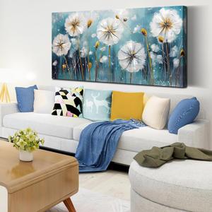 CANEITO Wall Art Living room, Large 60 x 30 Inch Artwork for Walls, Vintage Floral Color Wall Art for Bedroom Bathroom, White Dandelion Botanical Picture for Home Decor