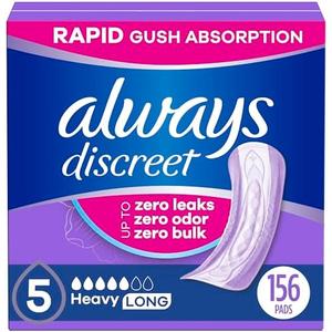 Always Discreet Adult Incontinence Pads for Women, Heavy Absorbency, Long Length, Postpartum Pads, 156 Count (4 Packs of 39) Always Discreet Adult Incontinence Pads for Women, Heavy Absorbency, Long Length, Postpartum Pads, 156 Count (4 Packs of 39)