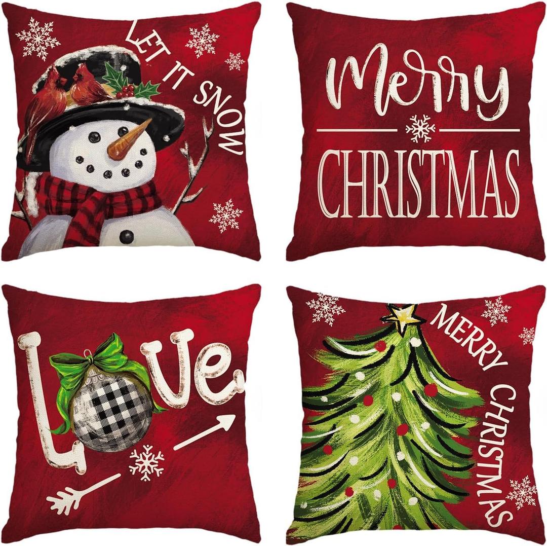 AVOIN colorlife Merry Christmas Let It Snow Snowman Red Throw Pillow Covers, 20 x 20 Inch Xmas Tree Holiday Cushion Case Decoration for Sofa Couch Set of 4