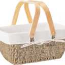 StorageWorks Wicker Basket with Handles, Wedding Decoration Woven Basket with Liner, Handcrafted Water Hyacinth Picnic Basket for Camping, Outdoor (White)