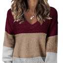 JOCAFIYE Womens Sweaters 2025 Cute Elegant Soft V-Neck Long Sleeve Hollow Knit Pullover Tops for Women Splice Wine Red Size M