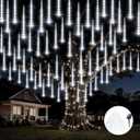 Solar Meteor Shower Lights, Solar Christmas Lights 16 Tubes 384 LEDs (Equivalent to 2 Sets of 8-Tube), Outdoor Waterproof Icicle String Light, LED Rain Drop Light for Tree Garden Decor (Cool White)