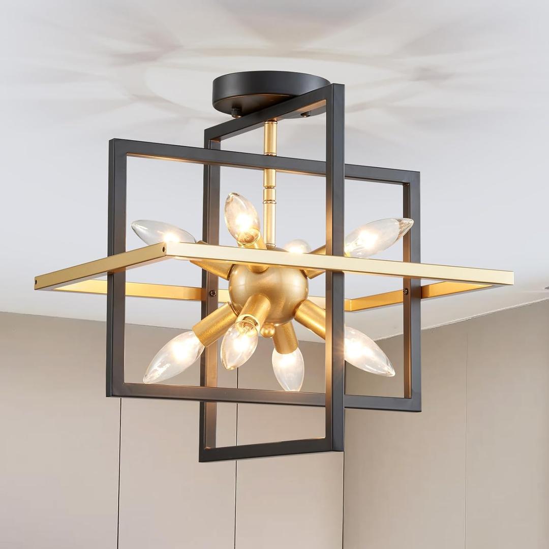8-Light Farmhouse Black and Gold Semi Flush Mount Ceiling Light Fixture, Modern Geometric Ceiling Lighting for Kitchen Island, Living Room, Dining Room, Bedroom, Hallway