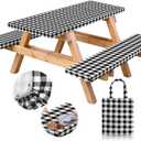 RNOONY Vinyl Fitted Picnic Table Cover with Bench Covers and Bag,8ft Outdoor Waterproof Picnic Tablecloth with Elastic Edges, 96x30 Inches 3 Pcs Set (Black Checkered)