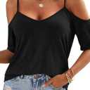Eachyes Womens Summer Cold Shoulder Tops Low Back Short Sleeve V Neck T Shirts Sexy Casual, Large, Black