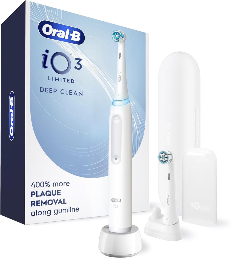 OralB Rechargeable Electric Toothbrush, iO3 Limited Deep Clean, 3 Cleaning Modes, Visual Pressure Sensor to Protect Gums, 2 Brush Heads, Travel Case, White