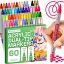 ARTISTRO 60 Acrylic Paint Markers for Rock, Fabric, Wood, Glass, Decoration - Dual-Tip Paint Pens for Coloring Books for Adults, Teens, Kids - Art and Craft Supplies Kit - Gift Idea