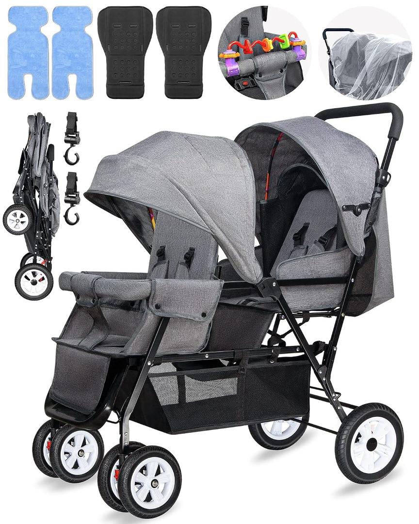 Double Stroller for Infant Toddler, Foldable Double Baby Stroller with Tandem Seating and Adjustable Backrest - Extra Gift Toys/Mosquito Net/Sleeping Mats/ 2 Hooks/ 2 Cotton PadsGrey
