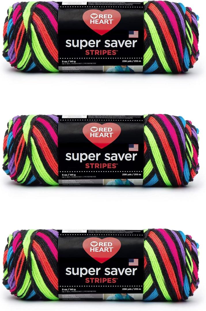 Red Heart Super Saver Yarn, 3 Pack, Neon Stripes 3 Count