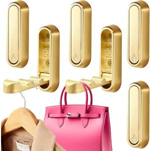 6 Pack Folding Wall Hooks Heavy Duty Gold Coat Hooks, Foldable Zinc Alloy Wall Mount Hooks for Hanging Coats, Hats, Towels, Bags, Keys, Robes, Christmas Socks & Wreaths Holds up to 55 lbs