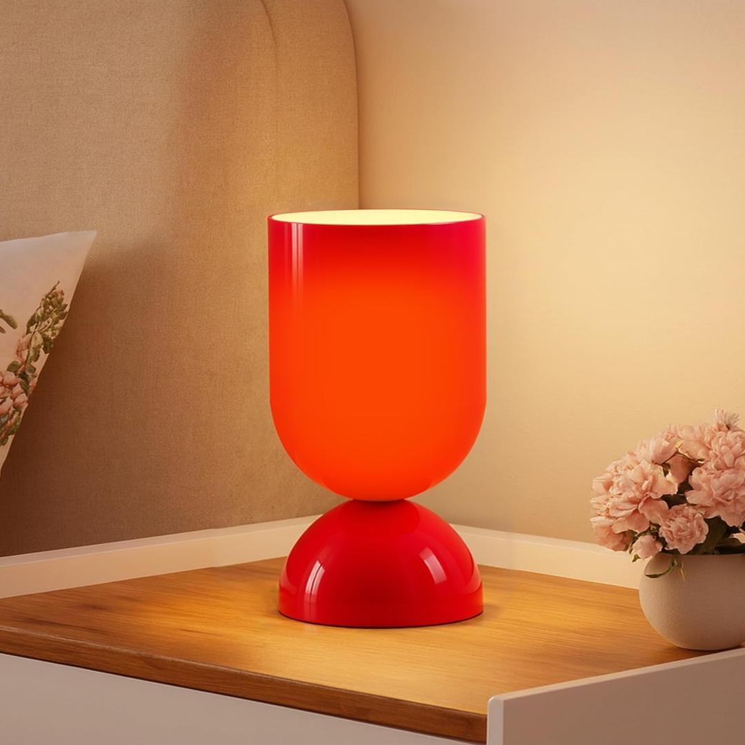 8.9'' Modern Glass Table Lamp, Dimmable Bedside & Desk Lamp for Living Room and Bedroom, UL Listed Nightstand Lamp with Dome Base, Home Decor for Office, Dorm, Side Table, Glossy Red