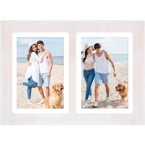 5x7 Collage Picture Frames,5 x 7 Double Picture Frame Rustic White 2 Opening 5 by 7 Photo Frames with Tempered Glass for Tabletop or Wall Mounting(1 Pack)