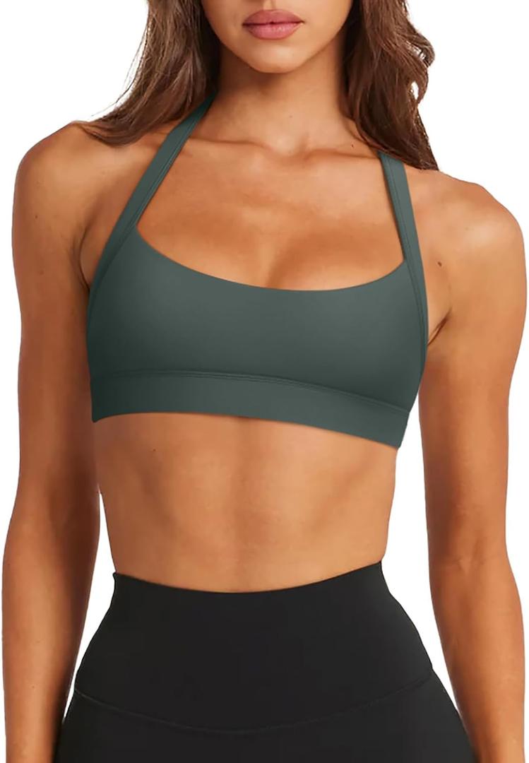 LASLULU Womens Halter Sports Bras Scoop Neck Workout Tops Padded Backless (Green, L)