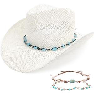 Men's Women's Straw Cowboy Hat, Western Cowgirl Hat, Wide Brim Hollow Out Sun Beach Hat with Three Decorative Bands (White)