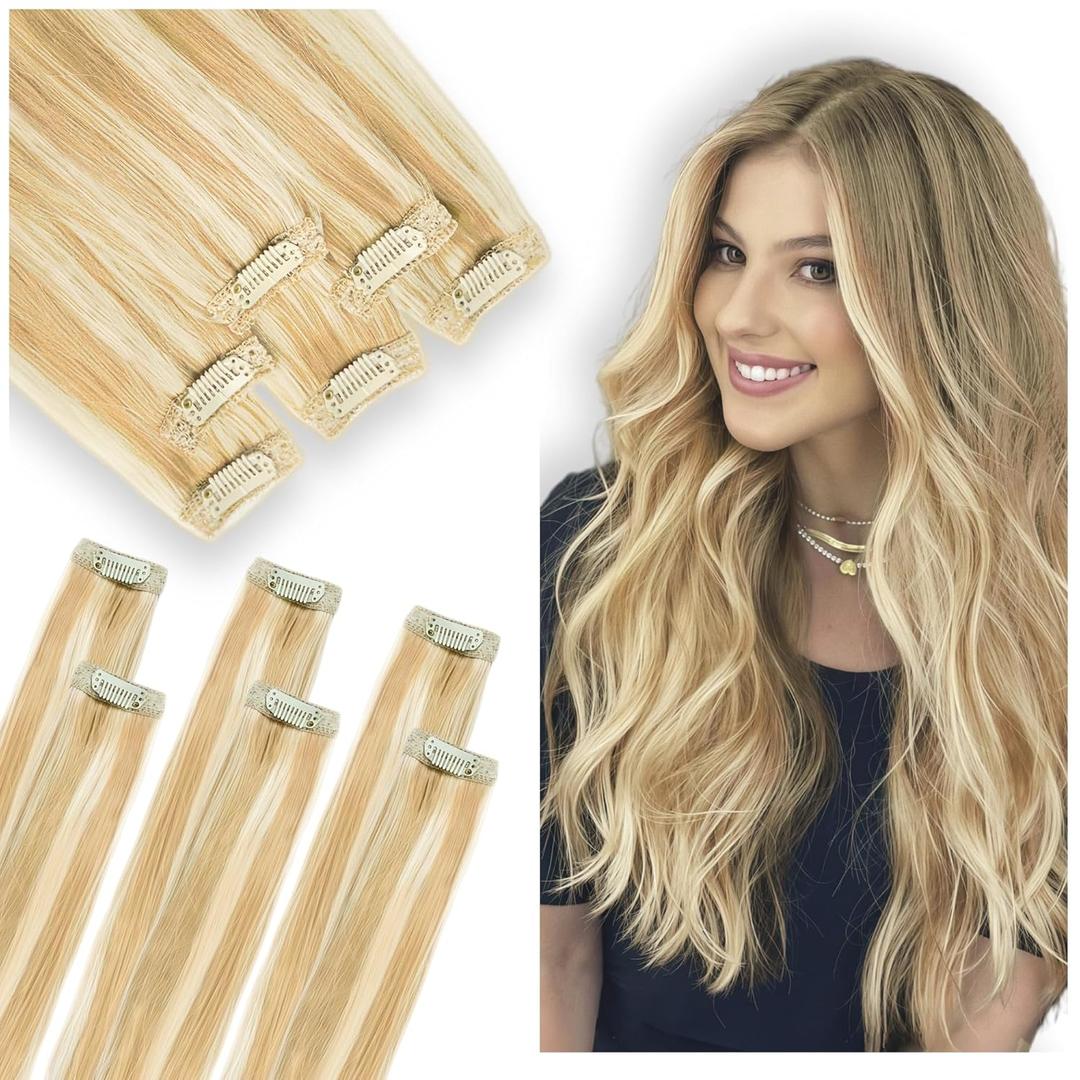 Single Clip In Hair Extensions Real Human Hair, Short Hair Extensions Clip Ins, Remy Balayage Highlight Seamless Hairpieces for Women 6 Pcs 16 Inch 40g Light Golden Brown Mixed Bleach Blonde