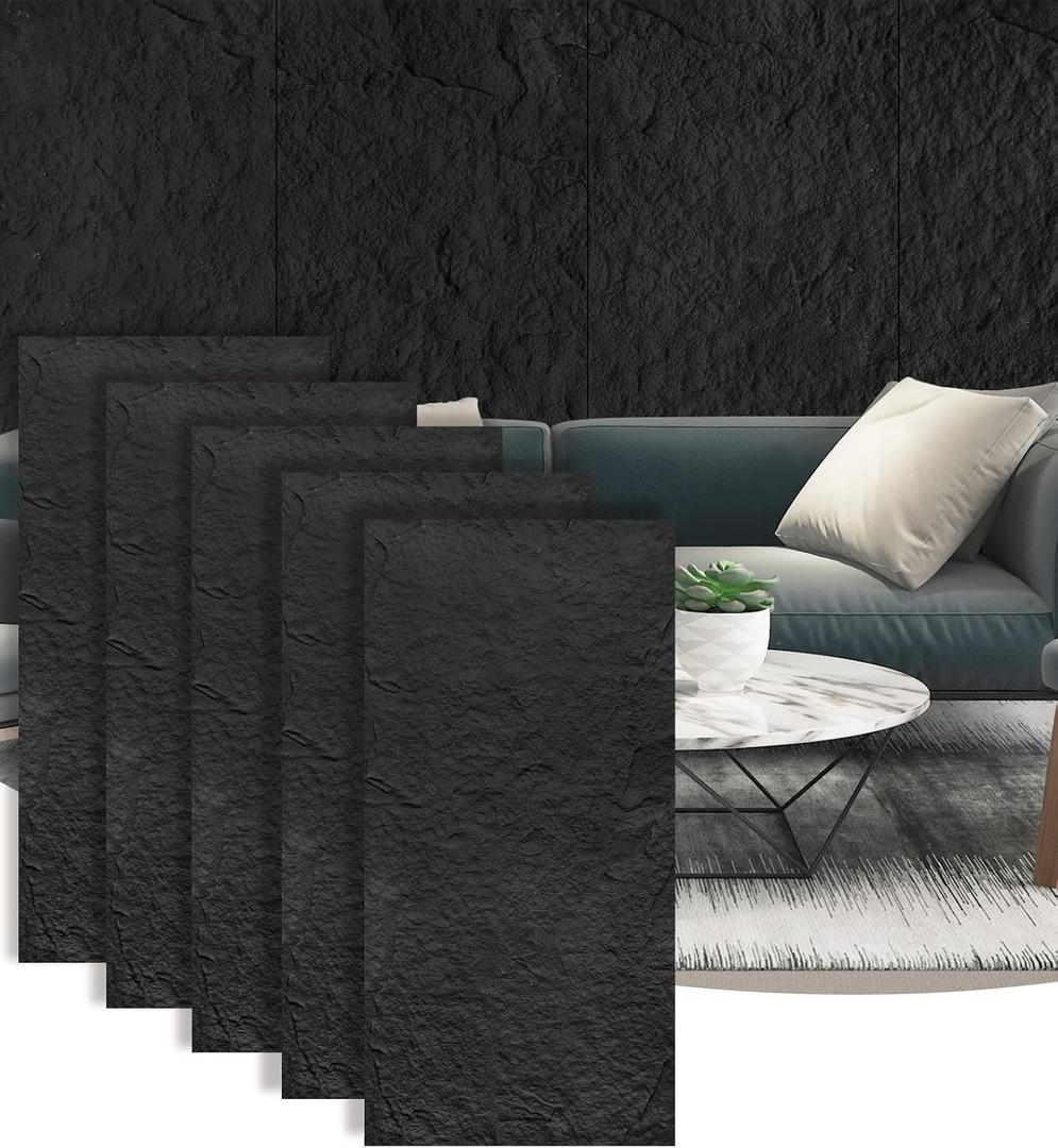 5-Pack 3D Faux Stone Wall Panels, PU Cement-Texture Wainscoting Panels for Interior Walls Waterproof & Lightweight, Covers 38.7 Sq.Ft, 47.2" x 23.6", for TV Wall, Living Room,Black, 47.24"L x 23.62"W
