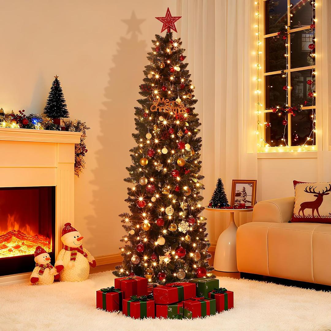 6FT Pre-Lit Christmas Tree, Artificial Pencil Holiday Decoration with LED Light & 477 Tips, Metal Foldable Stand for Indoor Use, Green