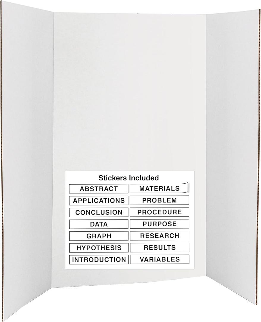 Trifold Poster Board 36" x 48" White Presentation Board - Self-Adhesive Science Subtitles Included - Science Fair Display Boards, for School, Fun Projects and Business Presentations - by Emraw