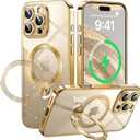360 Spin CD Stand for iPhone 16 Pro Max Case Compatible with Magsafe Ring [Never Yellow][DIY Glitter Cardstock] Camera Protection Plating Clear Cute Phone Case for Women Girls 6.9'', Gold