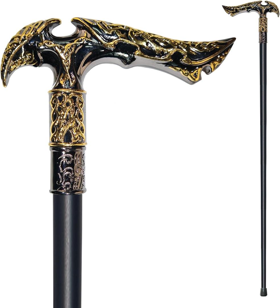 Walking Cane for Men & Women & Seniors - 36.5 Inch Heavy Duty 500+ lbs Capacity, Ergonomic Handle, Ornate & Decorative, Elegant Matte Black & Silver Metal Cane with Goth & Gothic Aesthetic