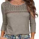 Tankaneo Womens Long Sleeve T-Shirts Dressy Casual Lace Tops 2025 Fall Trendy Crewneck Loose Blouses (Brown)