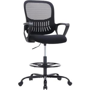 DUMOS Drafting Chair - Counter Height Adjustable Tall Office Desk Chair with Fixed Armrests and Comfortable Lumbar Support for Standing Desk, Deep Black (18.5" L X 20" W X 48.84" H)