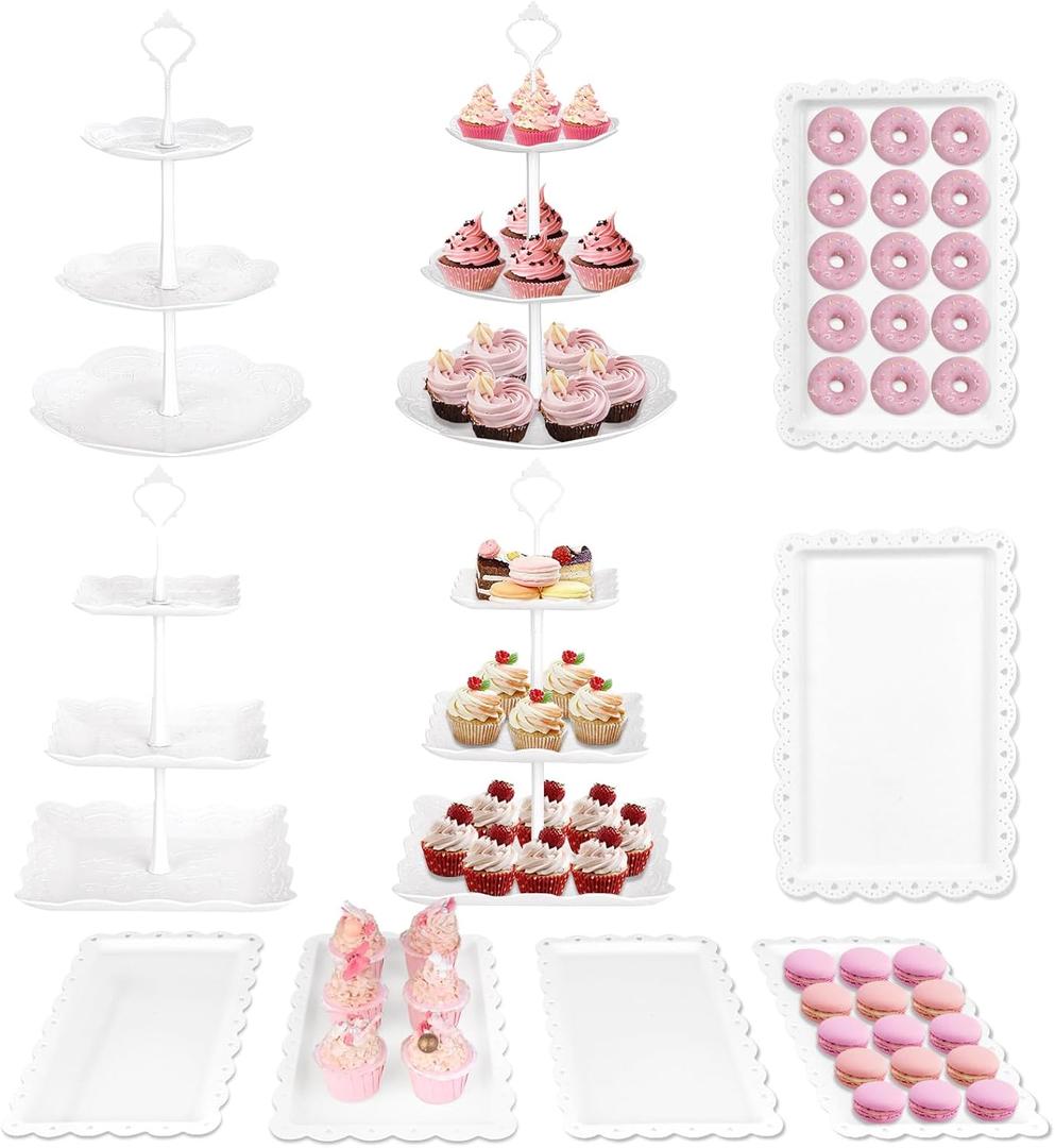 Mwellewm 10Pcs Cupcake Stand,Dessert Table Display Set, 4 White 3 Tired Cake Stand 6 Plastic Serving Trays for Party Cookie Rack Desert Tower Holder for Wedding Decor Baby Shower Tea Party Decorations