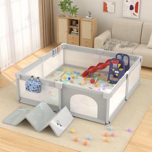 LUTIKIANG 79" x 71" Baby Playpen with Upgrade Mat, Portable Play Yard for Babies and Toddlers, Extra Large Baby Gate Playpen, Play Pin, Fence Area, Includes Ocean Balls, Pulling Rings (Grey)