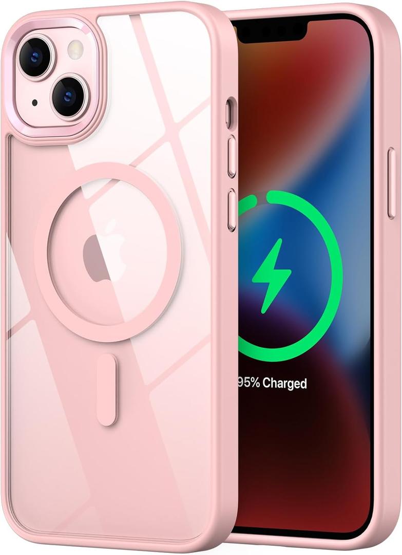 Magnetic for iPhone 15 Case, [Compatible with MagSafe] [Military-Grade Protection] Crystal Clear Hard Back&Soft TPU Frame Shockproof Protective case for iPhone 15.(Pink)