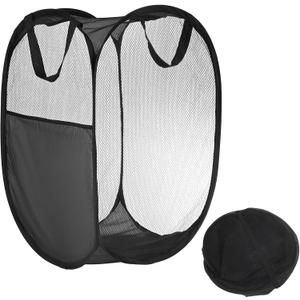 Mesh Laundry Hamper Basket with Side Pocket [1PCS] - Collapsible Mesh Hamper for Travel & Dorms & Bathroom - [Black] Laundry Basket with Handle