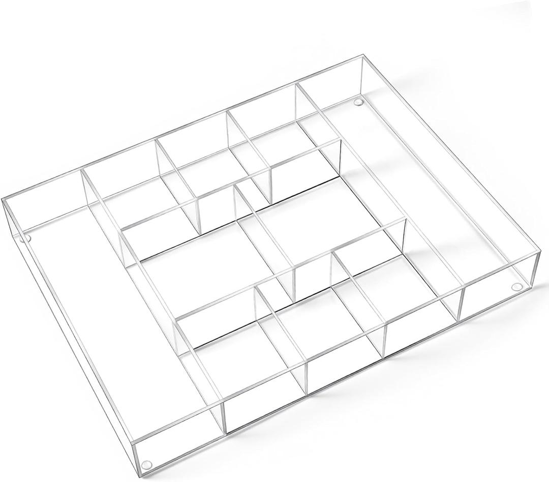 Large Acrylic Desk Deep Drawer Organizer with Adjustable Dividers, Anti-skip Clear Desk Top Junk Drawer Storage Tray for Pens, Desktop, Office, Bathroom, Kitchen, Makeup Supplies (10 Compartments)
