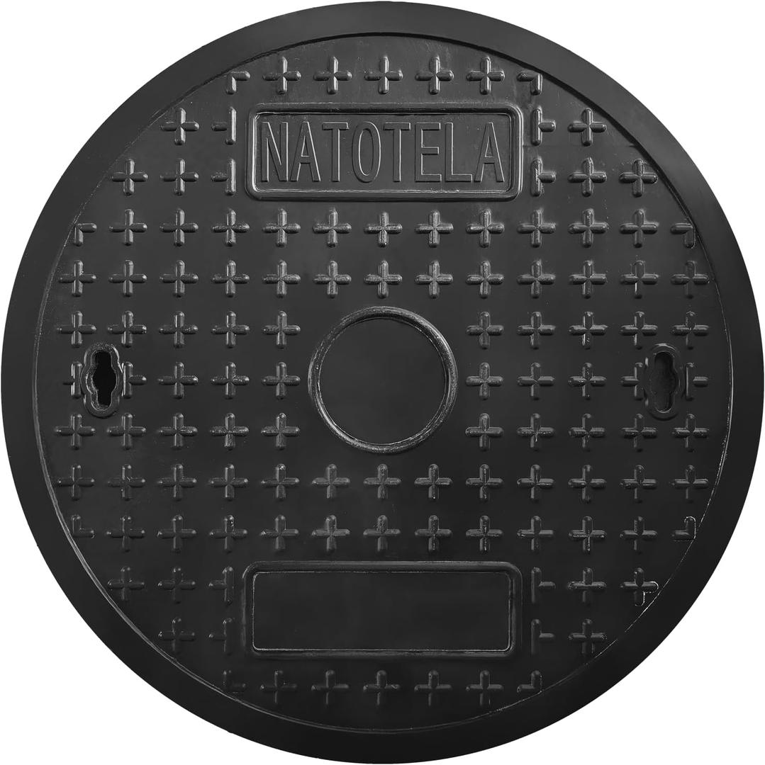 Round Manhole Cover 24in - NO FRAME,Fiberglass Recessed Solid Top Covers,Replacement FRP Septic Tank Lid,23.6in Corrugated Pipe Cover for Ribbed Pipe,Non-slip Reinforced Sewage Basin Covers (Black)