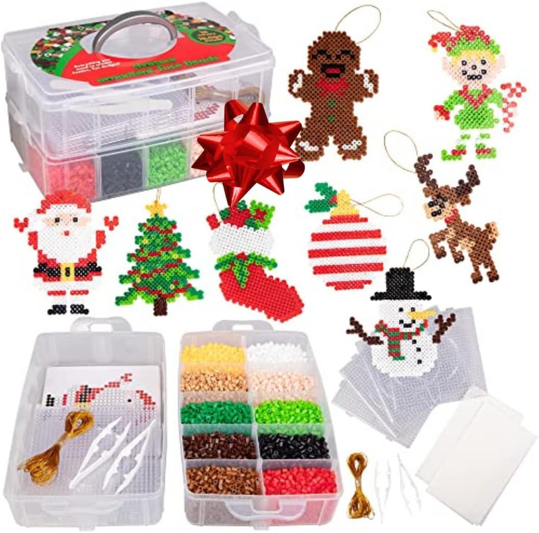 10,000-Piece Holiday Fuse Bead Kit for DIY Xmas Ornaments - 8 Unique Christmas Designs w Peg Boards, Tweezers, Ironing Papers - Great for Homemade Ornaments, Holiday Classroom Parties Family Activity