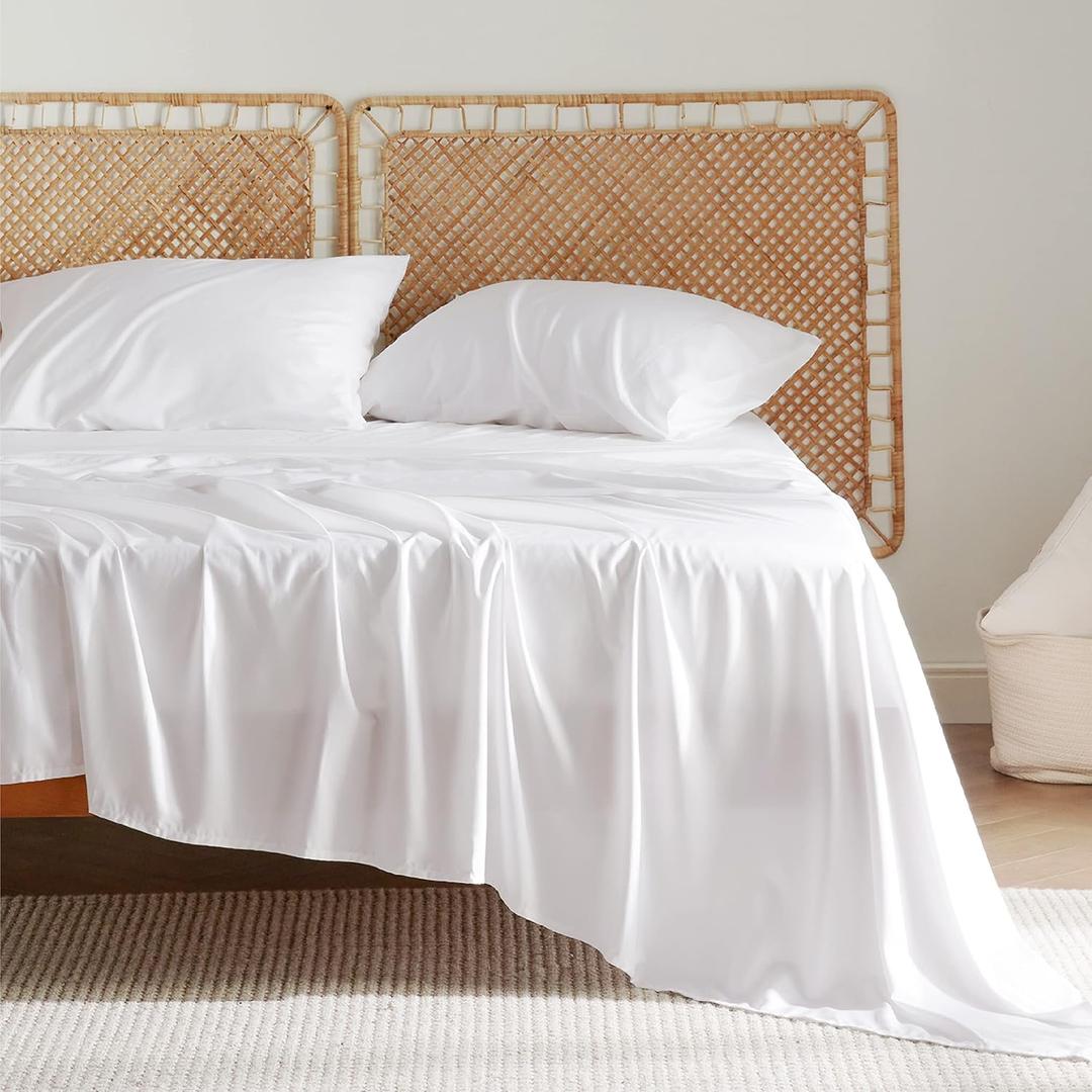 Bedsure Queen Sheet Set, Cooling Sheets for Queen Size Bed Set, Rayon Derived from Bamboo, Breathable & Soft Deep Pocket Up to 16 Inches, Hotel Luxury Silky Bedding, Bedsheet & Pillowcases, White (02 - White)